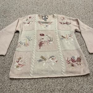 Tiara Vintage Cottagecore Sweater Crewneck Sz M Pink Cream Beaded Embroidered